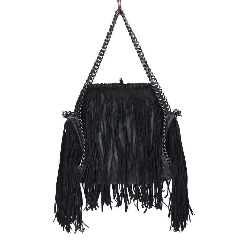 Steve Madden Fringe Chain Satchel Shoulder Bag Black Boho Festival Purse Rock - Picture 2 of 12